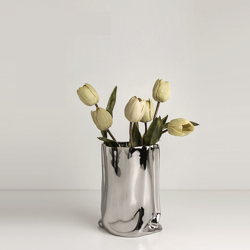 Simple Silver Ceramic Vase - Creative Irregular Ornament