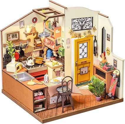 ROBOTIME Rolife Happy Kitchen Dollhouse Minature House DIY Wooden Puzzle With LED Light DG159