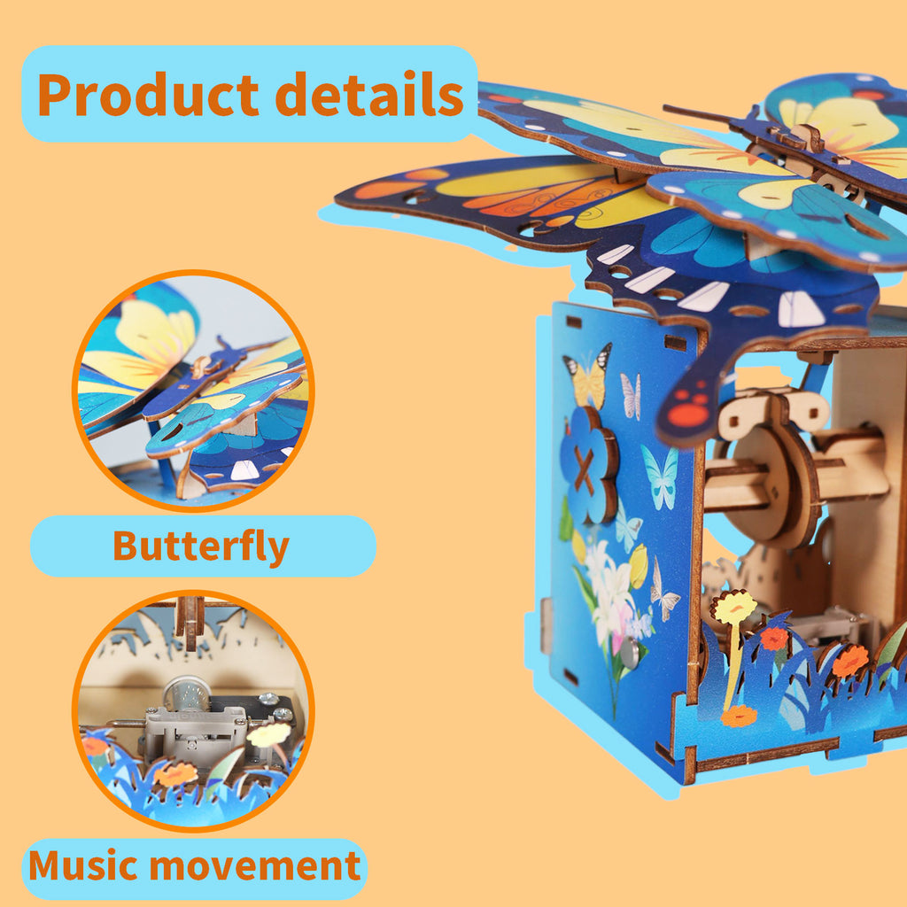 Sales Are Prohibited On The TEMU And SHEIN -MUSIC PARK 3d Wooden Puzzle Hand Colorful Butterfly Music Box You Are My Sunshine Handmade Assembly Model Kit Holidays Brthdays Christmas Gifts