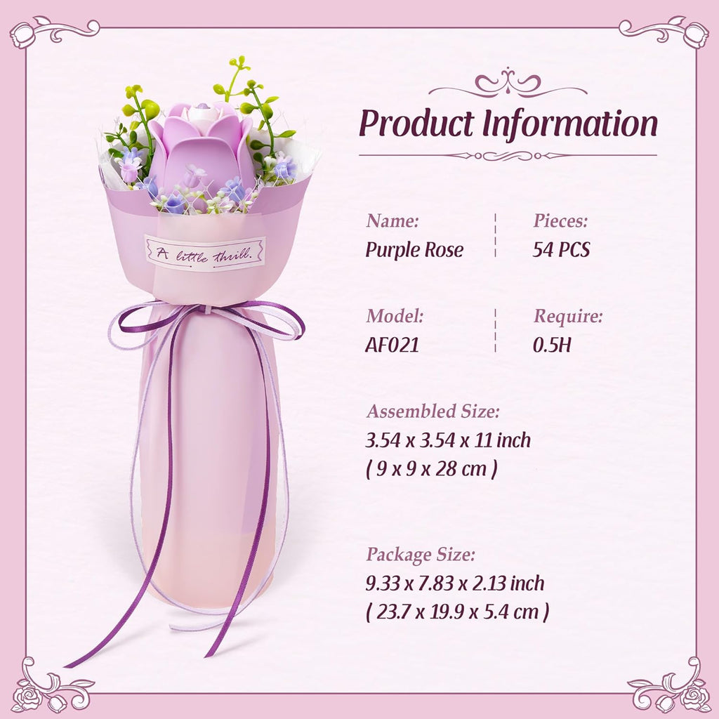 ROBOTIME Flower 3D Puzzle Model Kits Puzzles For Adults To Build Artificial Flowers For Home Bedroom Living Room Decor, Gifts For Women Valentine, Purple Rose