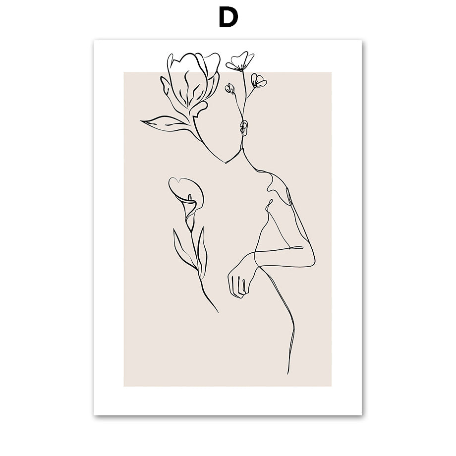 Abstract Female Wall Art Canvas Floral Line Drawing Nordic Poster