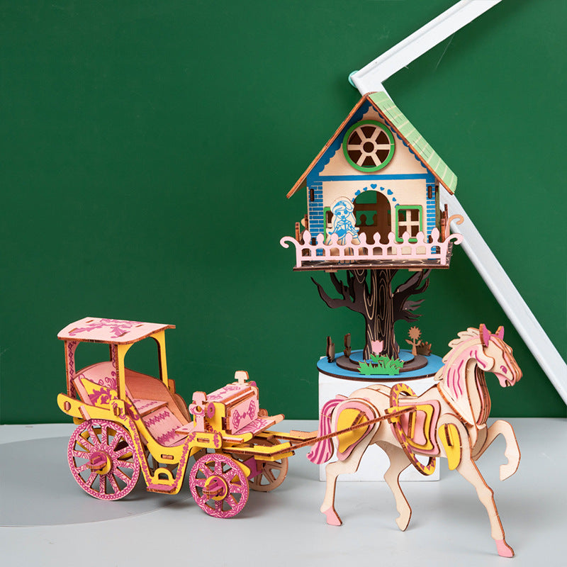 Wooden 3D Carousel Car Puzzle - Educational Stereo Toy