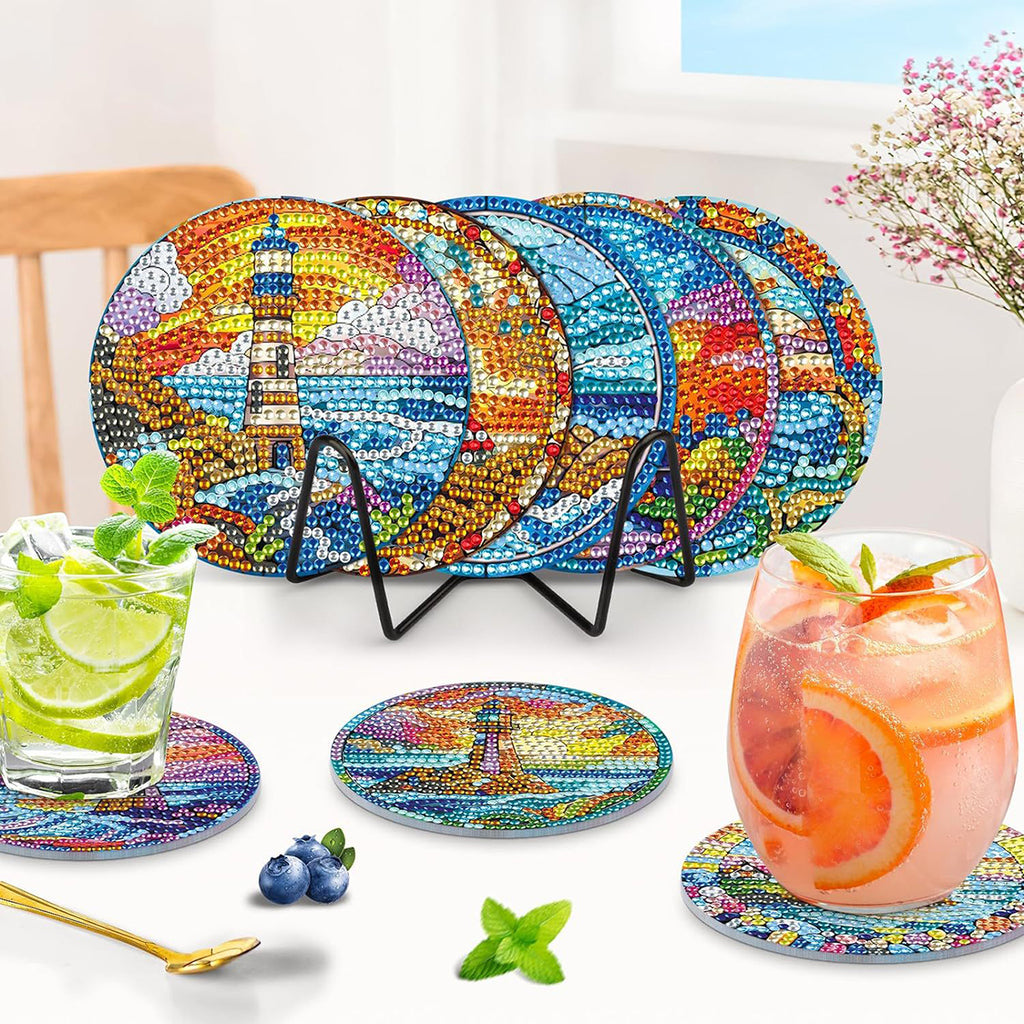 Diamond Art Drawing Coaster With Bracket, DIY Landscape Pattern Diamond Art Coaster, Suitable For Adults And Beginners Diamond Drawing Kit, Diamond Kit Craft Supplies, Exquisite Gifts For Friends