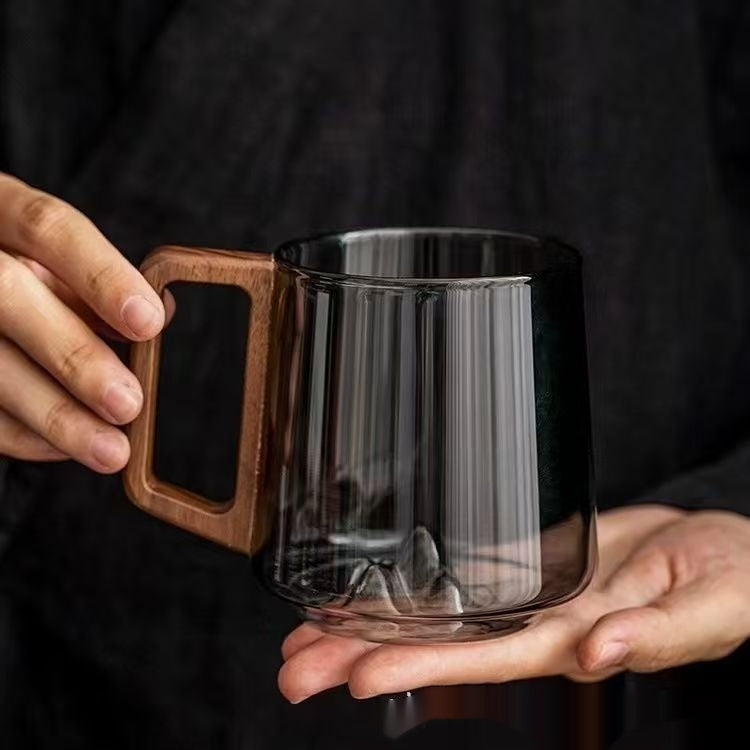 Glass Office Mug - Walnut Wood Handle Heat-Resistant