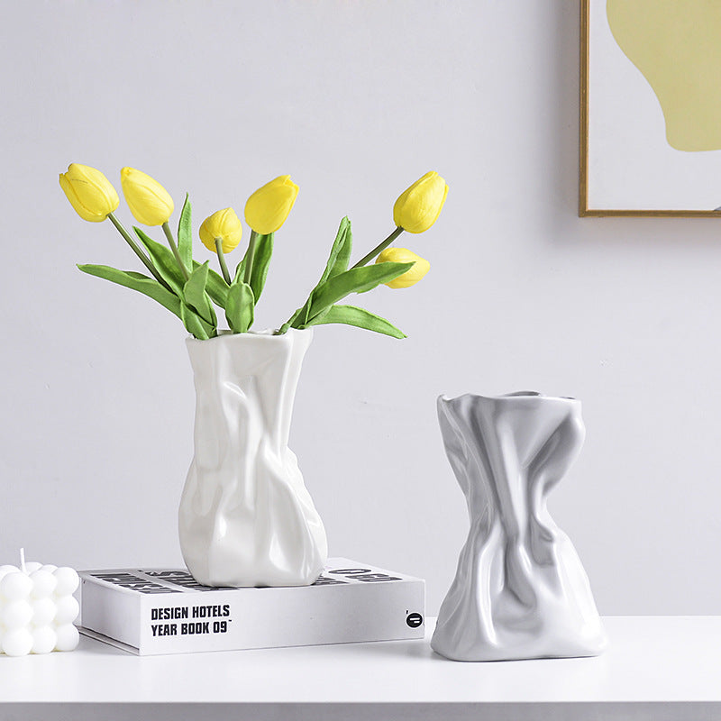 Simple Pleated Ceramic Vase - Cream Hydroponic Style