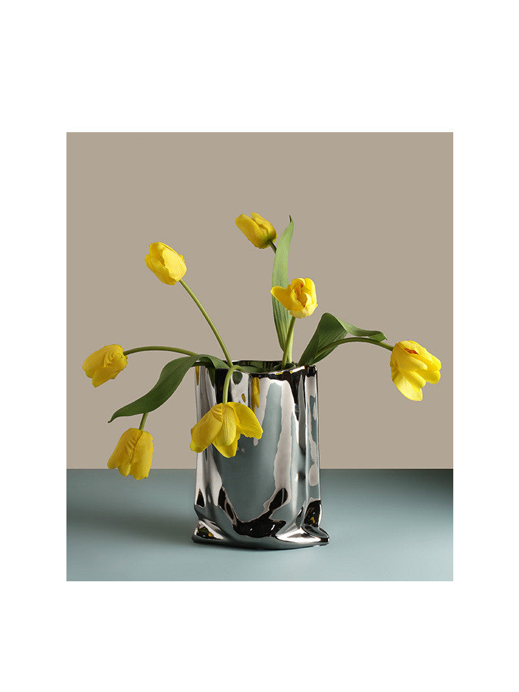 Simple Silver Ceramic Vase - Creative Irregular Ornament