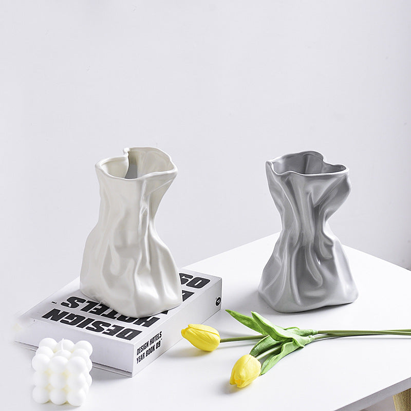 Simple Pleated Ceramic Vase - Cream Hydroponic Style