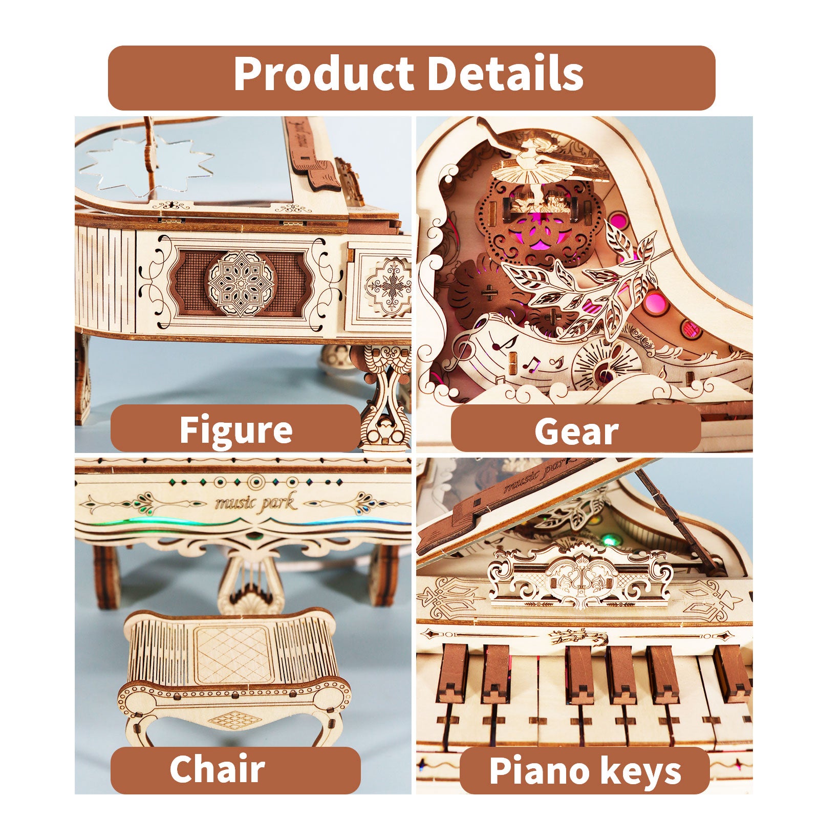 Sales Are Prohibited On The TEMU And SHEIN-MUSIC PARK 3d Wooden Puzzle Piano Music Box Can Be Played Handmade Assembly Model Kit DIY Crafts Holidays Birthdays Christmas Gifts