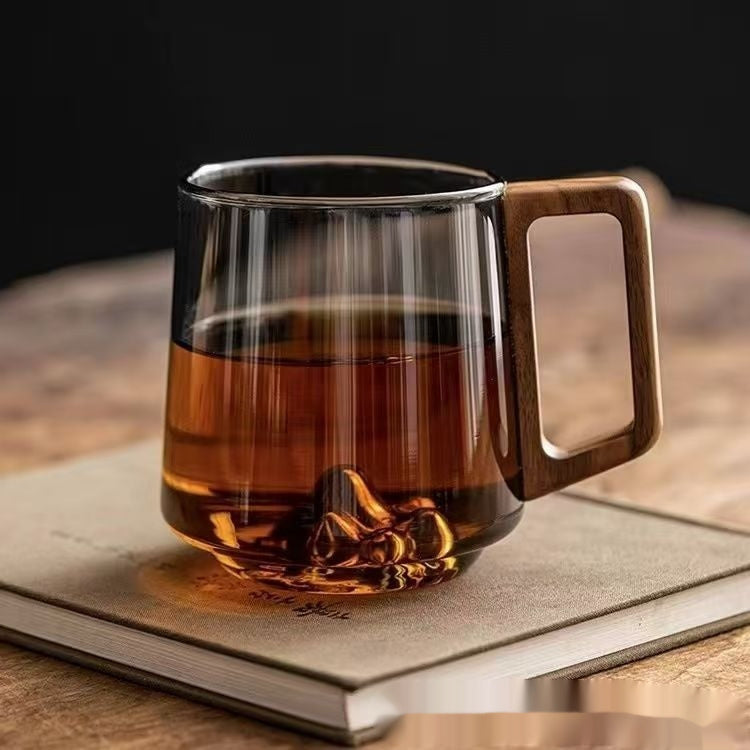 Glass Office Mug - Walnut Wood Handle Heat-Resistant