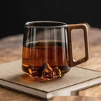 Glass Office Mug - Walnut Wood Handle Heat-Resistant