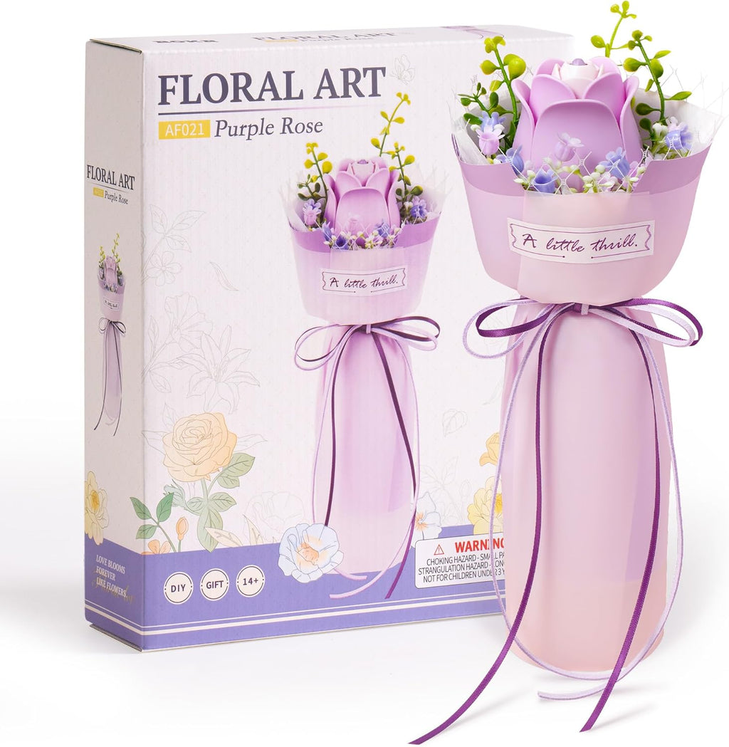 ROBOTIME Flower 3D Puzzle Model Kits Puzzles For Adults To Build Artificial Flowers For Home Bedroom Living Room Decor, Gifts For Women Valentine, Purple Rose