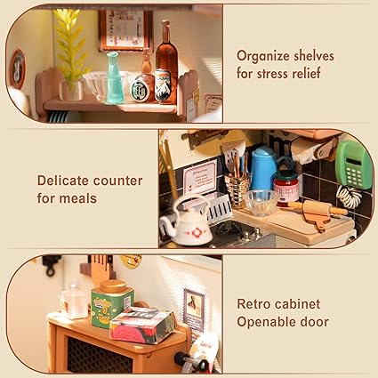 ROBOTIME Rolife Happy Kitchen Dollhouse Minature House DIY Wooden Puzzle With LED Light DG159