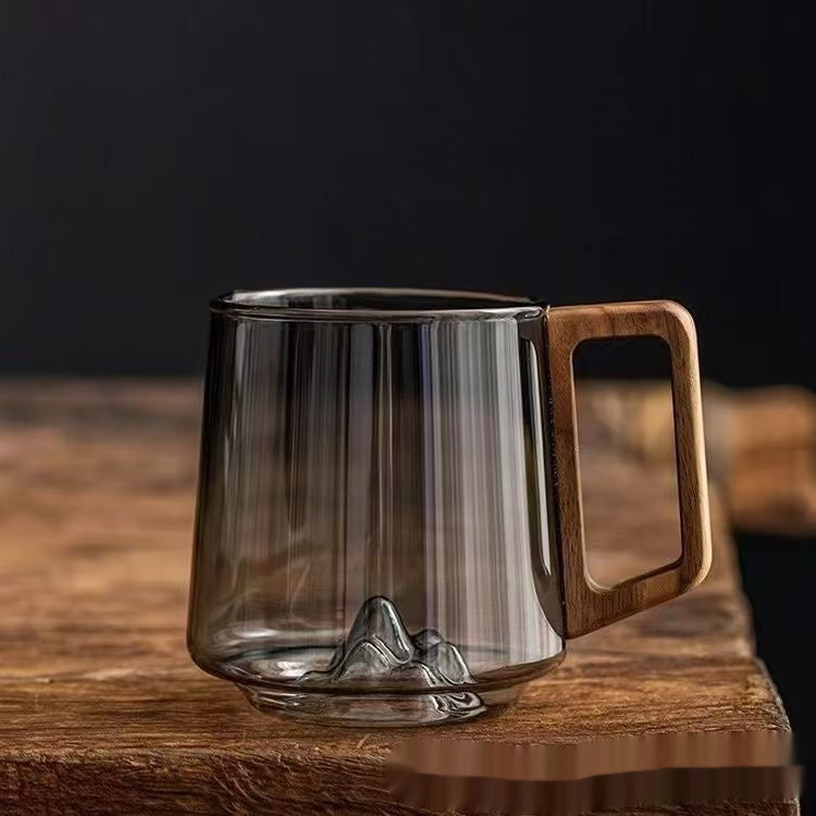 Glass Office Mug - Walnut Wood Handle Heat-Resistant