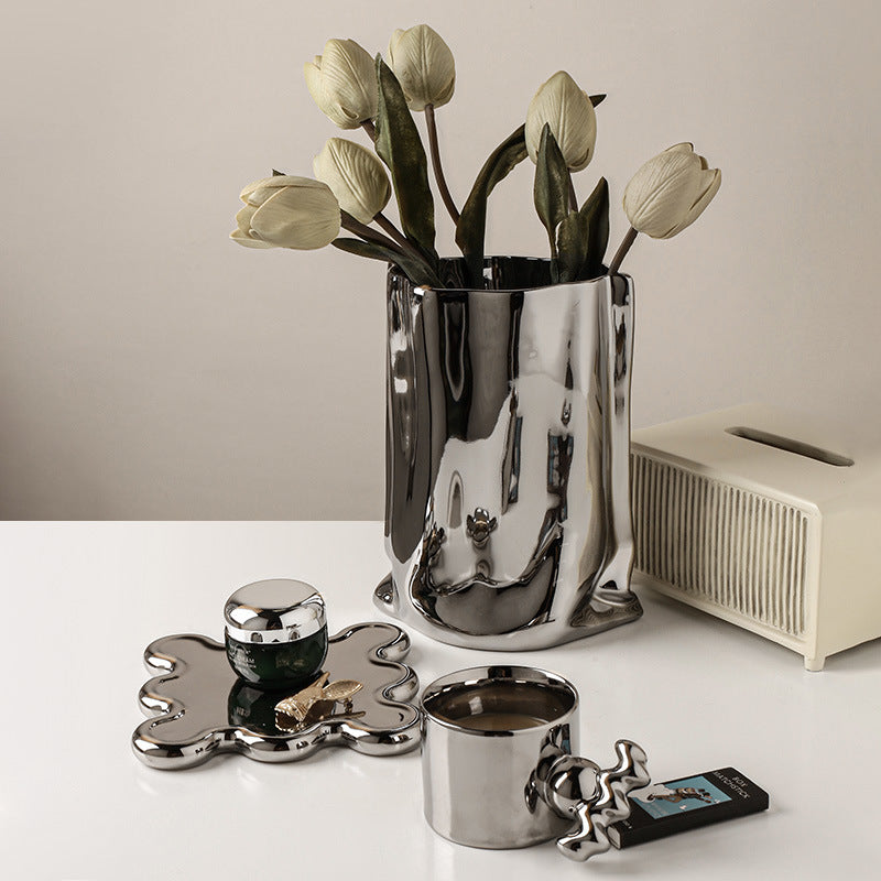 Simple Silver Ceramic Vase - Creative Irregular Ornament
