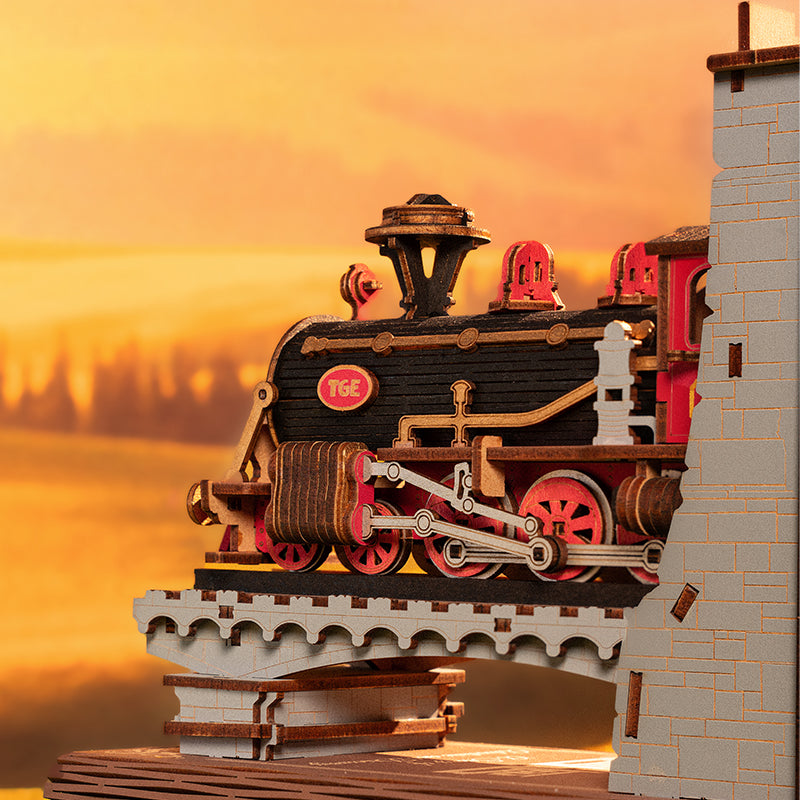 ROBOTIME Book Nook Book Ends Kits Century Train DIY Booknook 3D Wooden Puzzle Model Kit Bookend Bookshelf Decoration Gifts For Adults Kids Teens