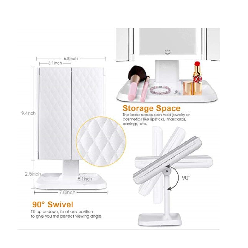 Professional 3-Folding Makeup Mirror - LED Lights Flexible Base