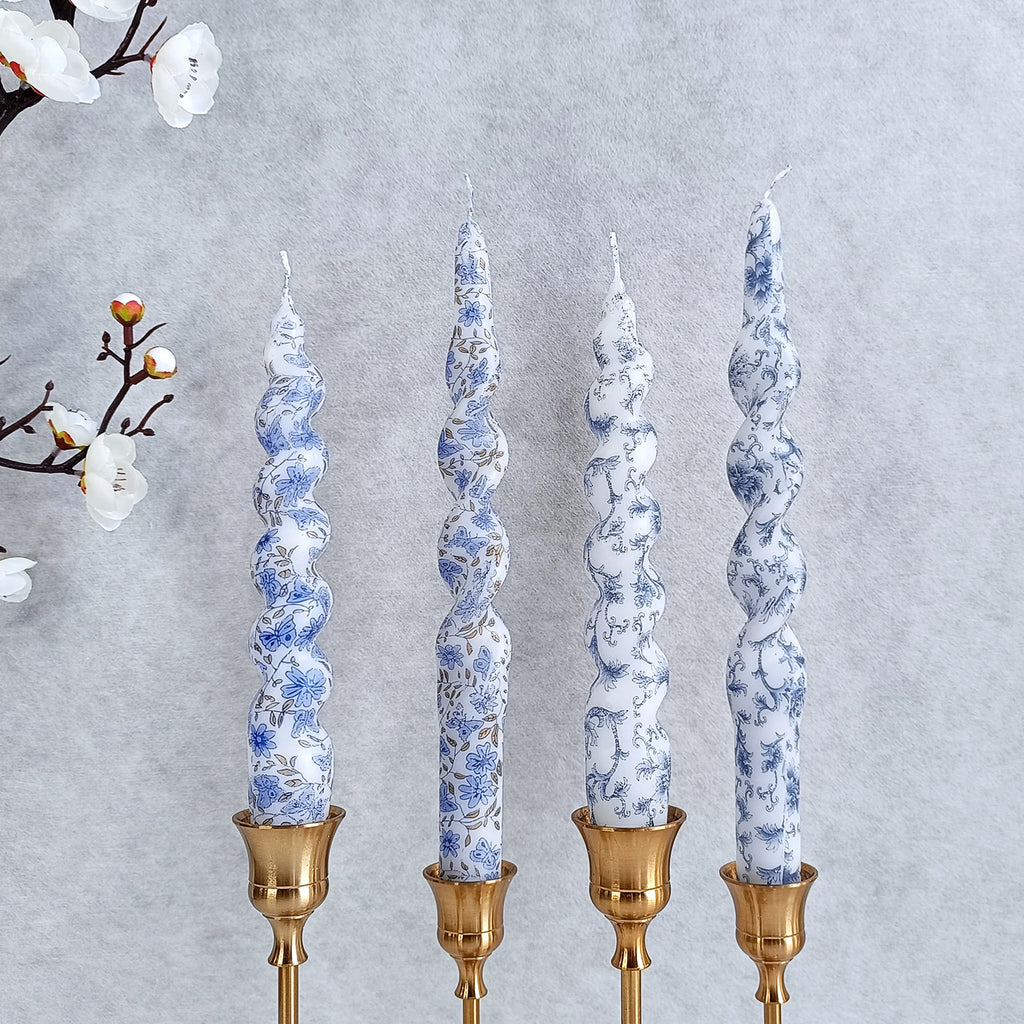 Blue Flower Pattern Taper Candles - 2 Pack