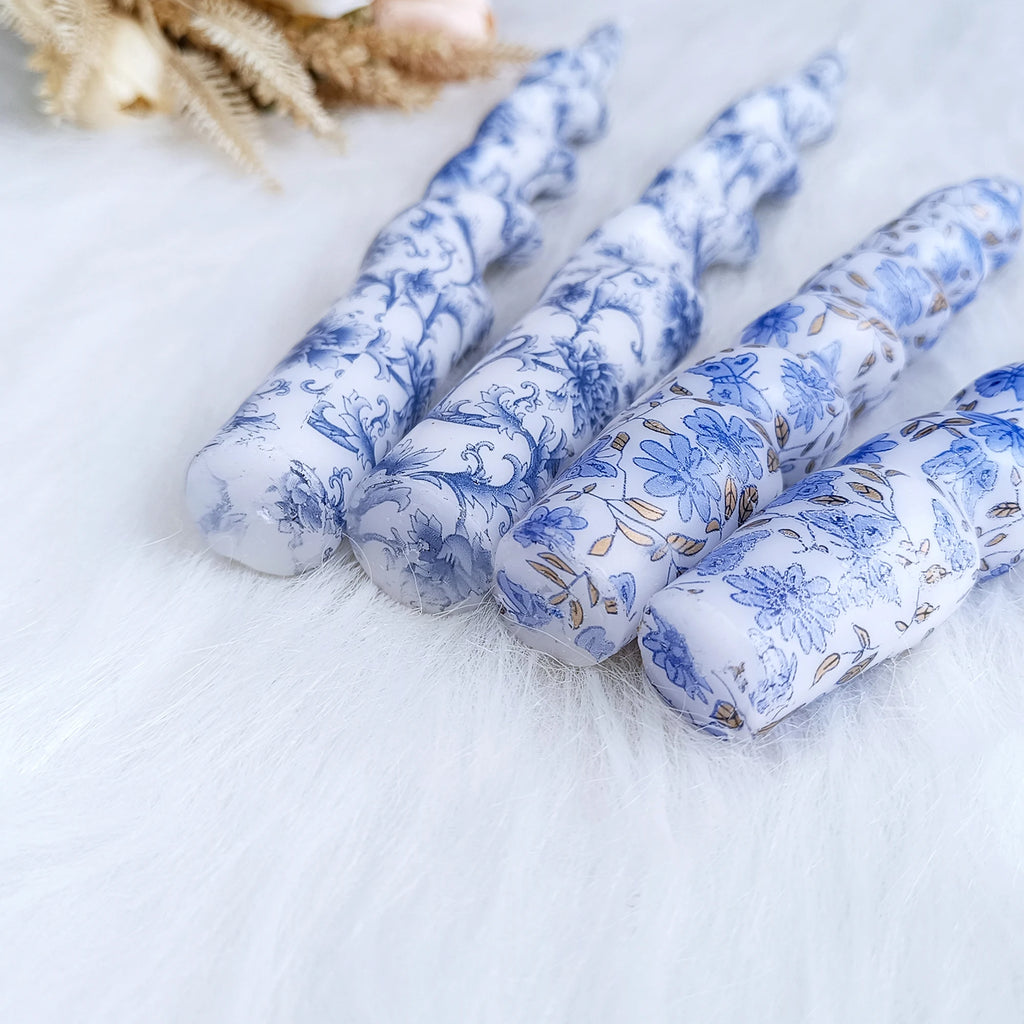 Blue Flower Pattern Taper Candles - 2 Pack