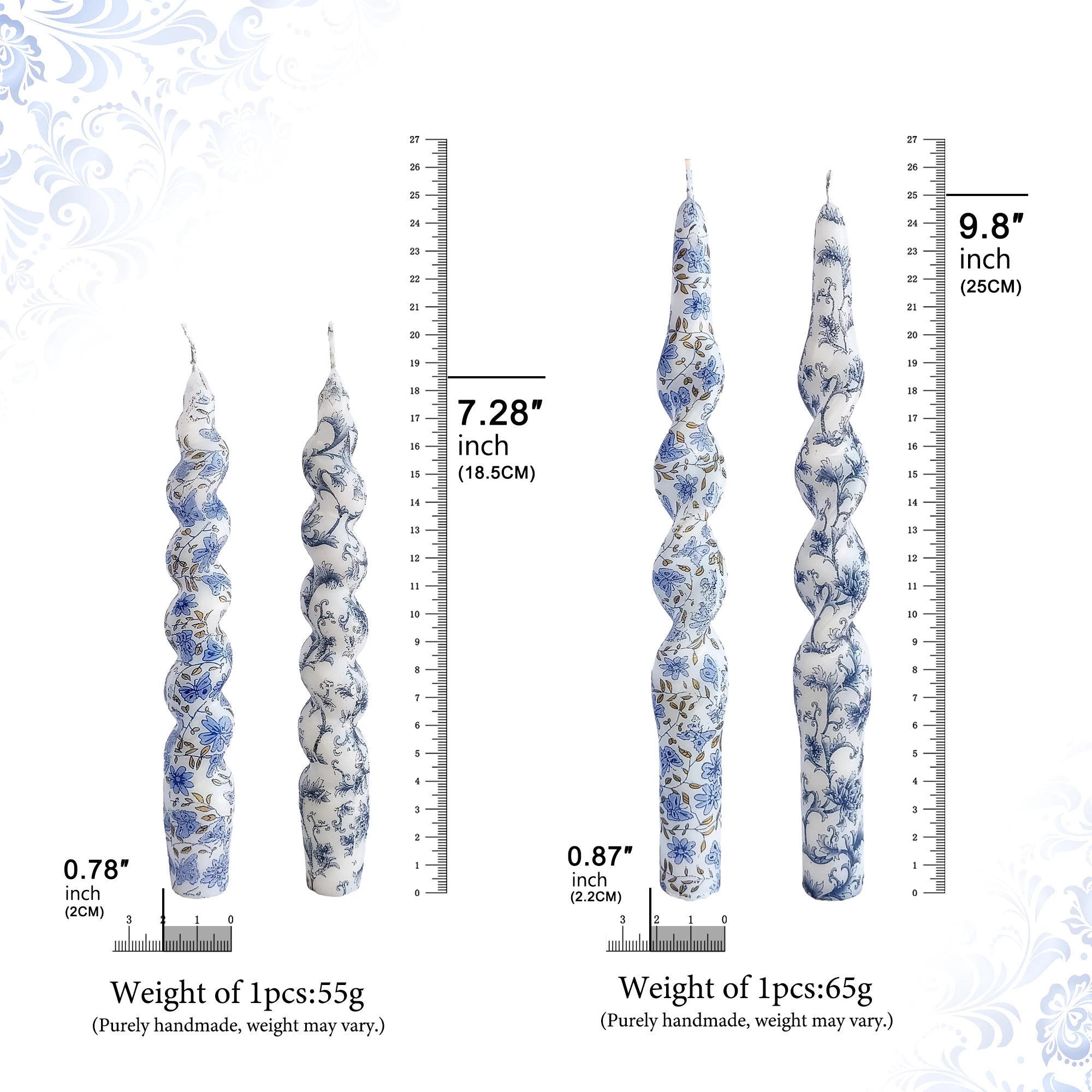 Blue Flower Pattern Taper Candles - 2 Pack