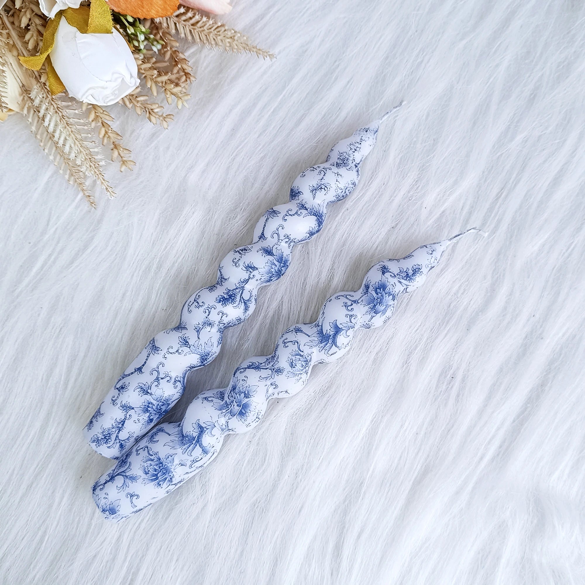Blue Flower Pattern Taper Candles - 2 Pack
