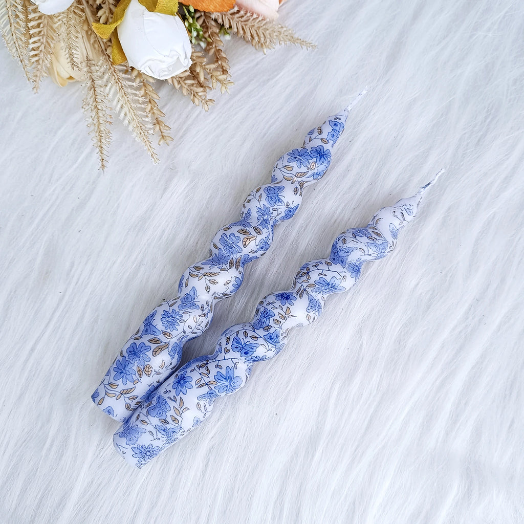 Blue Flower Pattern Taper Candles - 2 Pack