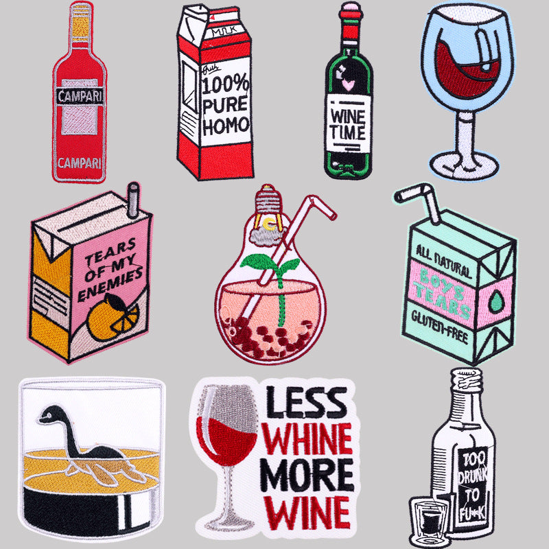 Cartoon Wine Bottle Wine Glass Embroidered Cloth Stickers DIY