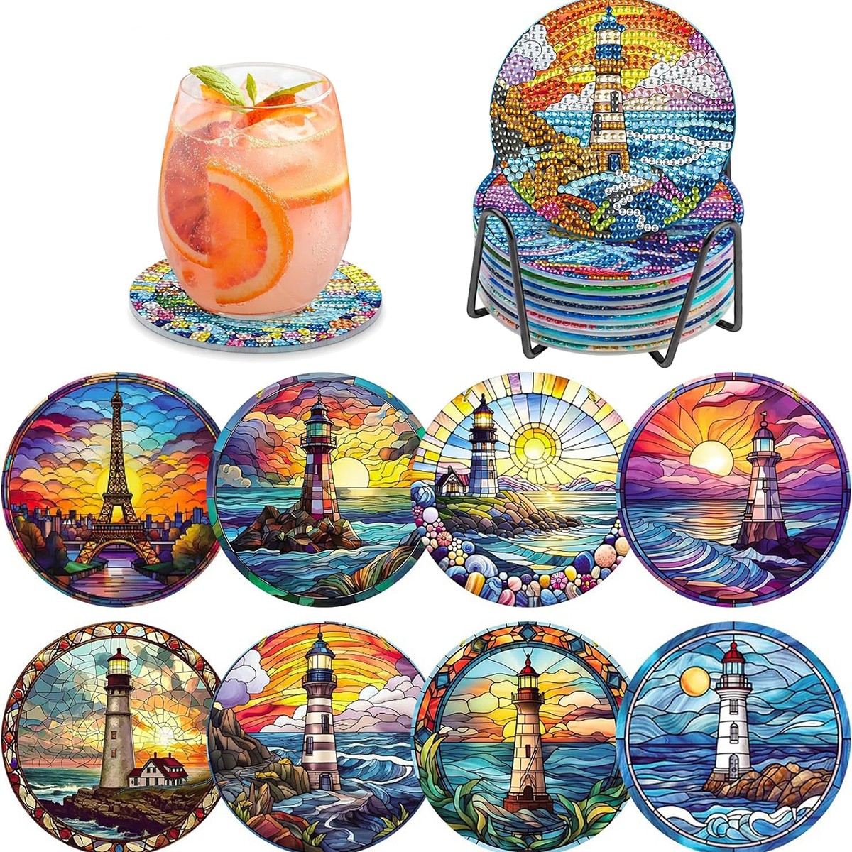 Diamond Art Drawing Coaster With Bracket, DIY Landscape Pattern Diamond Art Coaster, Suitable For Adults And Beginners Diamond Drawing Kit, Diamond Kit Craft Supplies, Exquisite Gifts For Friends