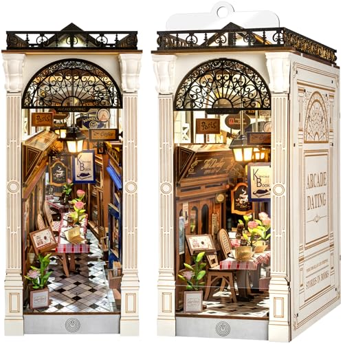 ROBOTIME DIY Book Nook Kit - Arcade Dating Scene With Dust Cover, 3D Wooden Miniature Dollhouse Puzzle, Creative Bookend Bookshelf Decor, Unique Gift For Adults