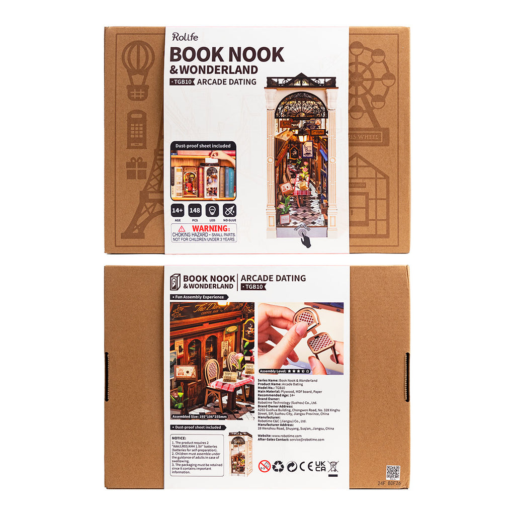 ROBOTIME DIY Book Nook Kit - Arcade Dating Scene With Dust Cover, 3D Wooden Miniature Dollhouse Puzzle, Creative Bookend Bookshelf Decor, Unique Gift For Adults