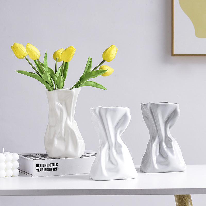 Simple Pleated Ceramic Vase - Cream Hydroponic Style