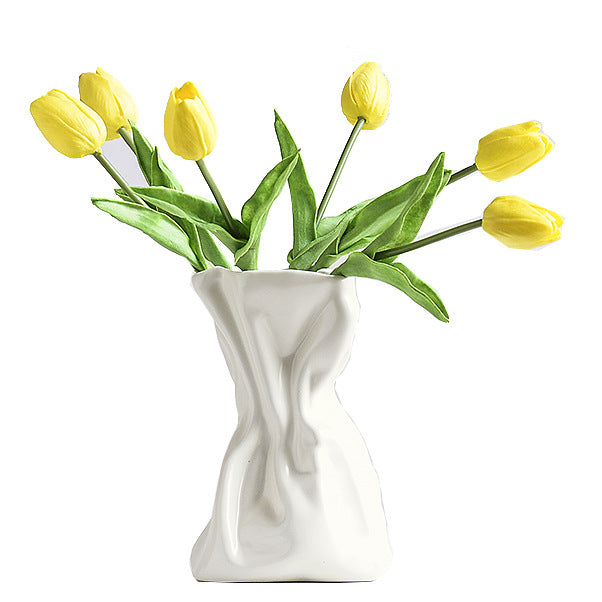 Simple Pleated Ceramic Vase - Cream Hydroponic Style