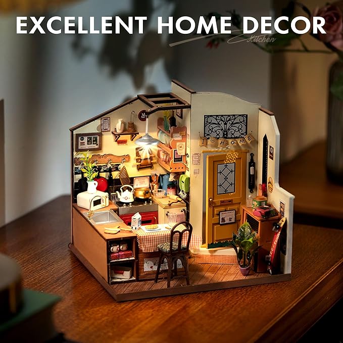 ROBOTIME Rolife Happy Kitchen Dollhouse Minature House DIY Wooden Puzzle With LED Light DG159