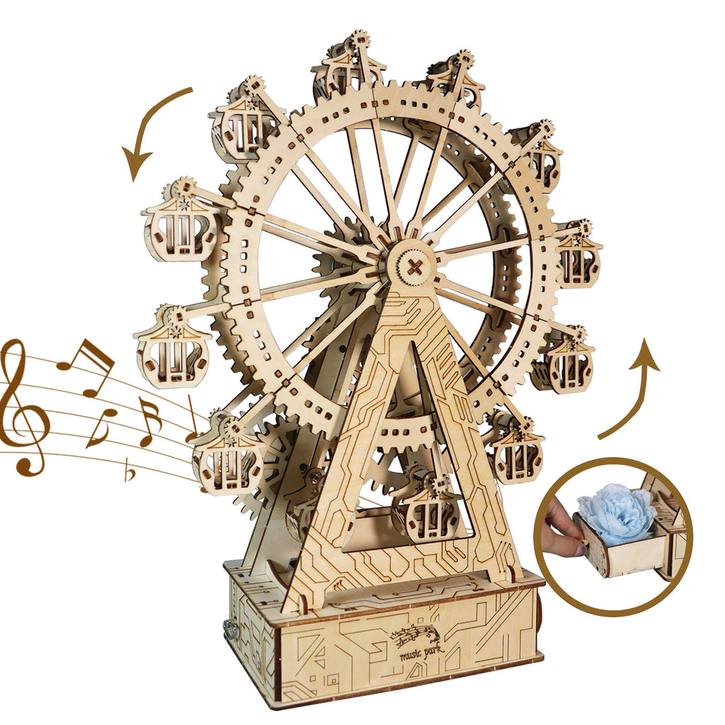 -MUSIC PARK 3d Wooden Puzzle Gear Ferris Wheel Music Box You Are My Sunshine Handmade Assembly Model Kit Holidays Brthdays Christmas Gifts
