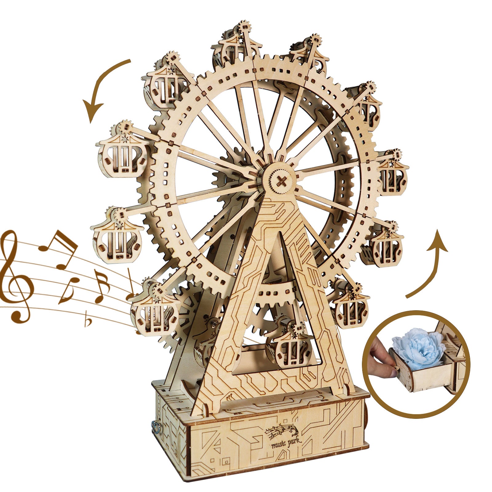 -MUSIC PARK 3d Wooden Puzzle Gear Ferris Wheel Music Box You Are My Sunshine Handmade Assembly Model Kit Holidays Brthdays Christmas Gifts
