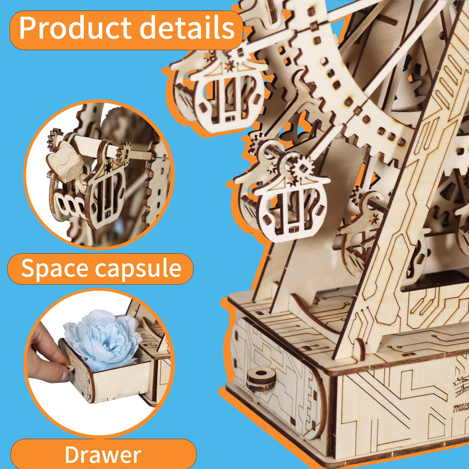 -MUSIC PARK 3d Wooden Puzzle Gear Ferris Wheel Music Box You Are My Sunshine Handmade Assembly Model Kit Holidays Brthdays Christmas Gifts