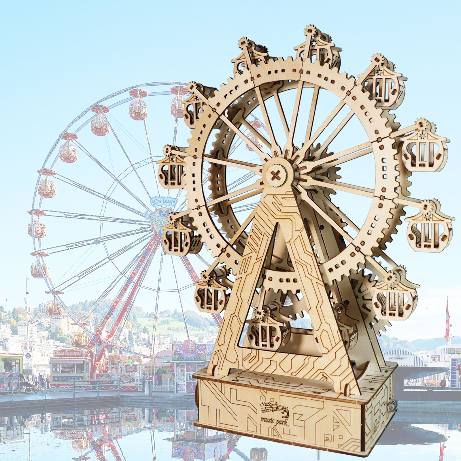 -MUSIC PARK 3d Wooden Puzzle Gear Ferris Wheel Music Box You Are My Sunshine Handmade Assembly Model Kit Holidays Brthdays Christmas Gifts