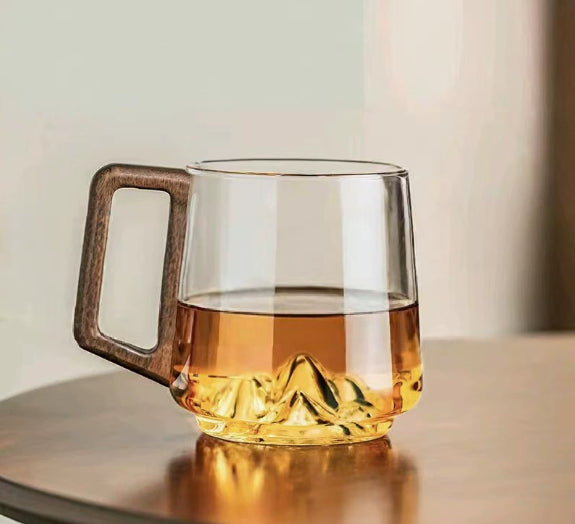 Glass Office Mug - Walnut Wood Handle Heat-Resistant