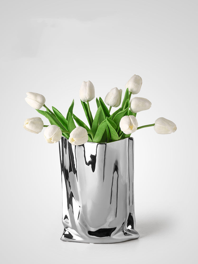 Simple Silver Ceramic Vase - Creative Irregular Ornament